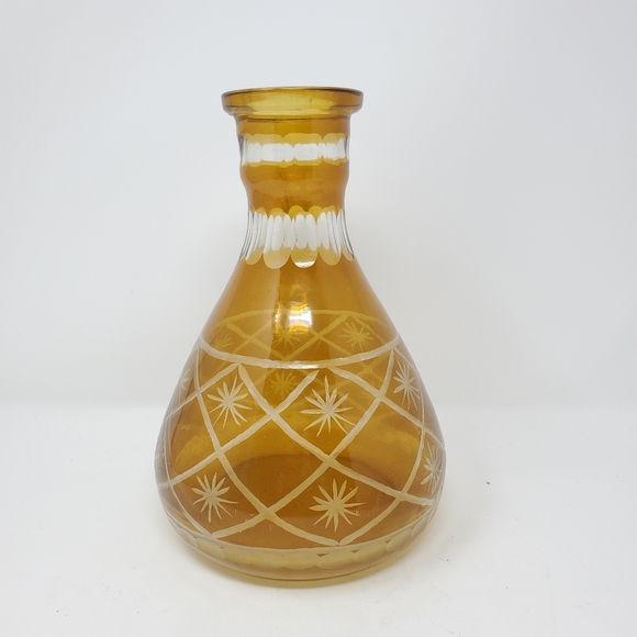 VTG Bohemian Amber Cut to Clear Glass Vase